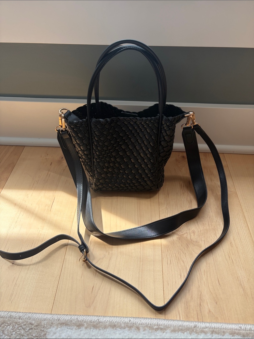 Black Woven Leather Tote Bag with Detachable Strap